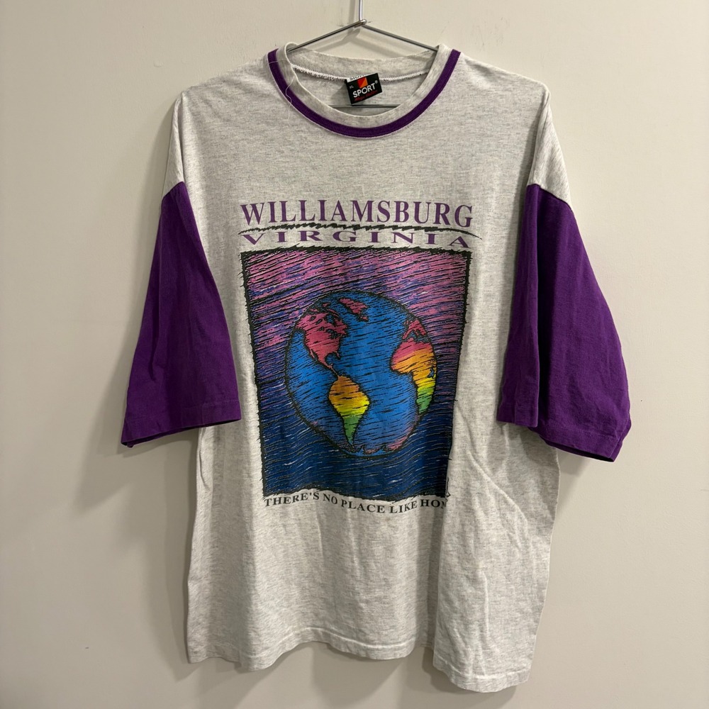 Vintage Signal Sport Williamsburg Virginia Earth Ringer T Shirt XL Grey Purple